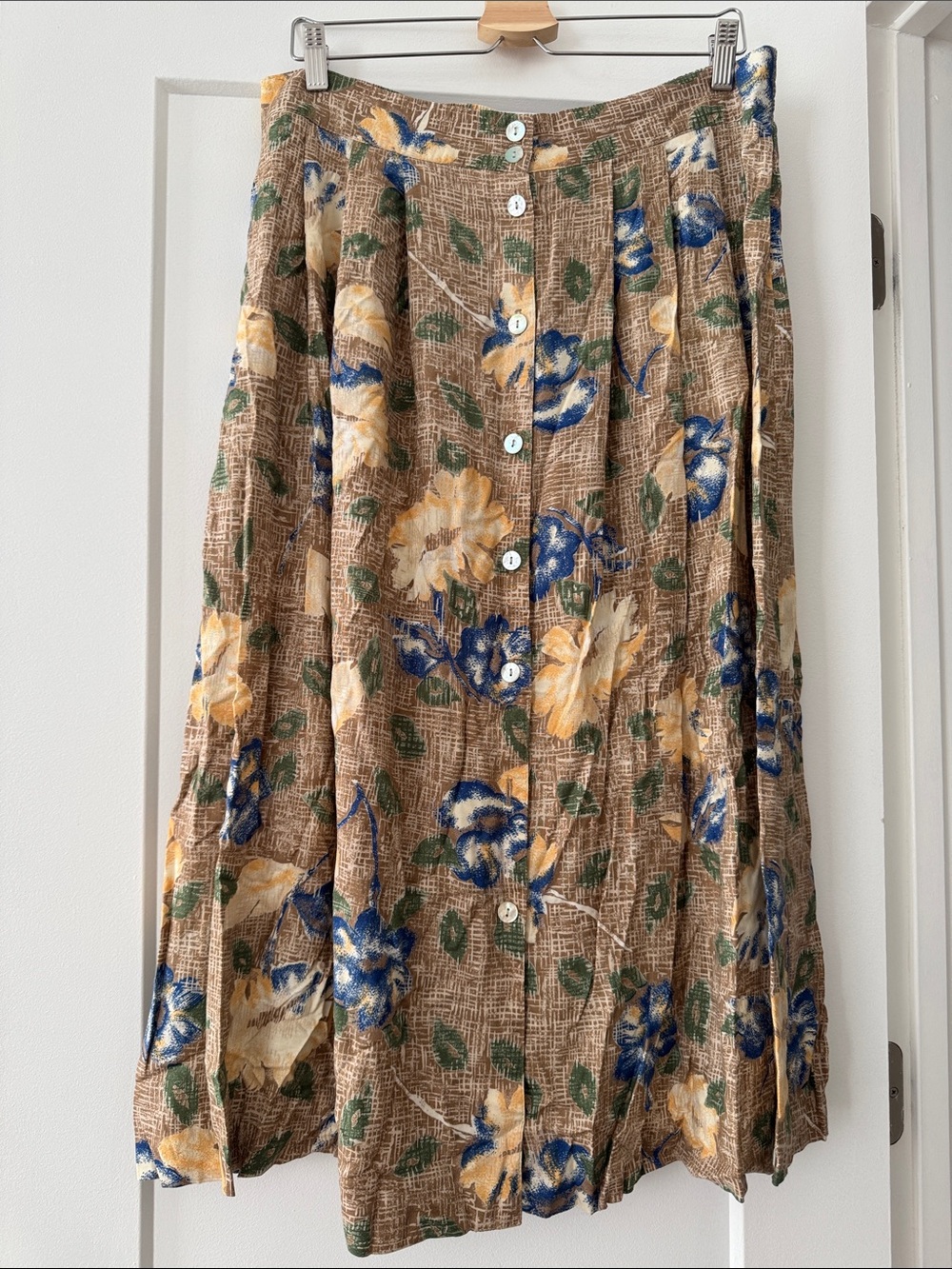 Vintage Kathie Lee Button-Front Brown Midi Skirt with Blue & Yellow Flowers